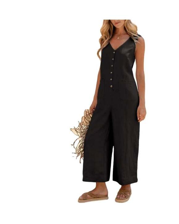 Yeokou Pants - Women's Sleeveless Cotton Linen Blend V-Neck Button-Down Wide-Leg Jumpsuit